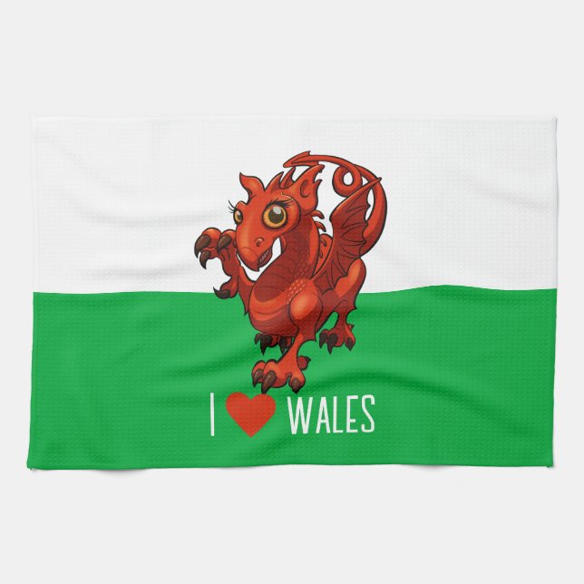 Cute Dragon I Love Wales Welsh Dragon Cartoon Kitchen Towel (Horizontal)