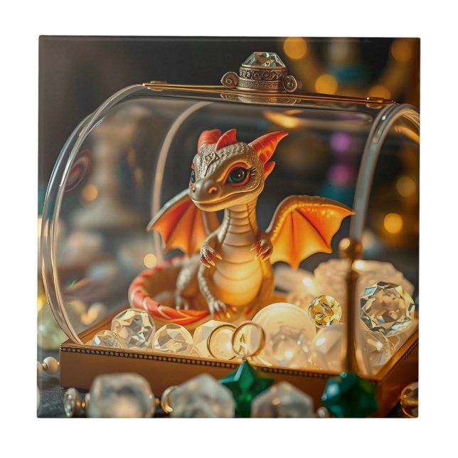 Cute Dragon in a Jewelry Box Ceramic Tile (Front)