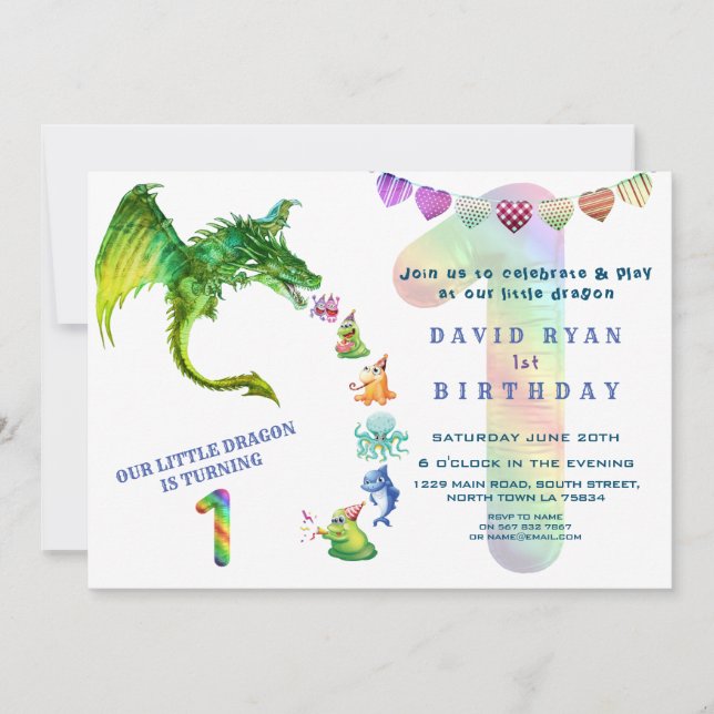 Cute Dragon Monsters Baby Photo 1st Birthday Invitation (Front)