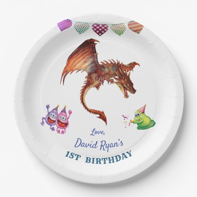 Cute Dragon Monsters Hearts Boy First Birthday Paper Plates (Front)