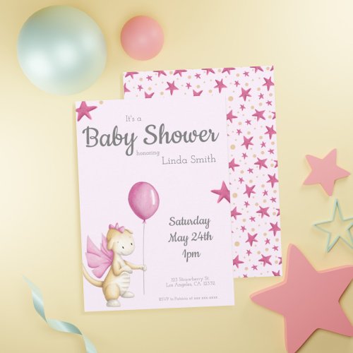 Cute Dragon Pink Girl Baby Shower Invitation