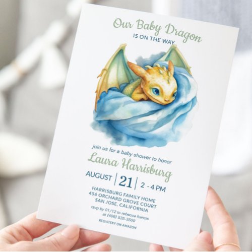 Cute Dragon Sage Green Blue Baby Boy Shower Invitation