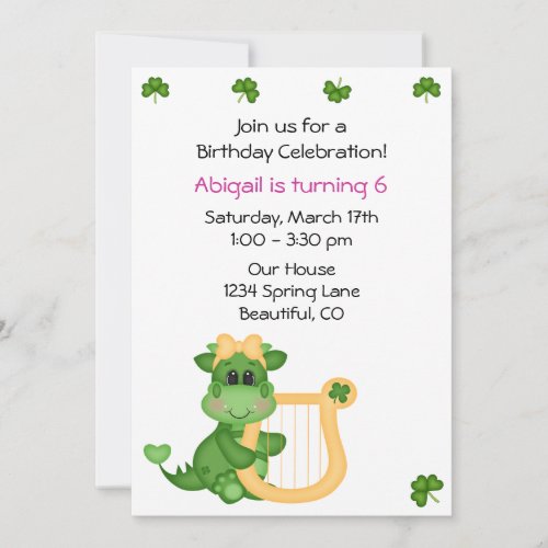 Cute Dragon St Patricks Day Birthday Invite Girls