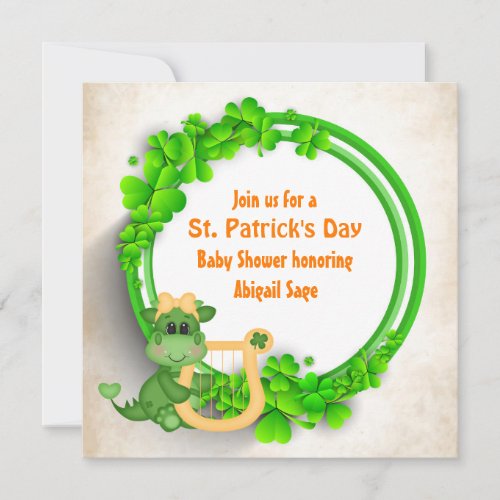 Cute Dragon St Patricks Day Girls Baby Shower Invitation