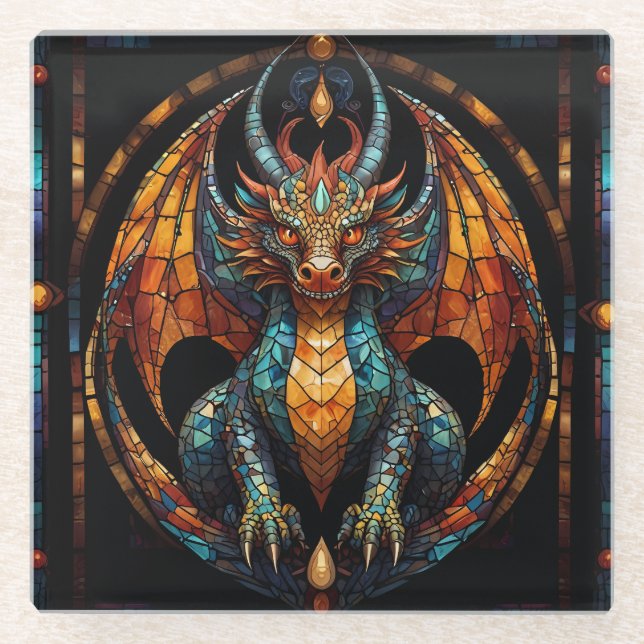Cute Dragon Stained Glass Mosaic Design Glass Coaster (Front)