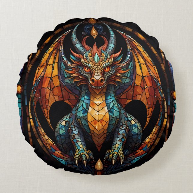 Cute Dragon Stained Glass Mosaic Design Round Pillow (Front)