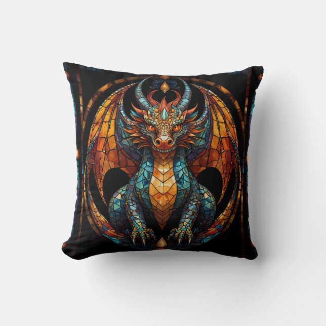 Cute Dragon Stained Glass Mosaic Design Throw Pillow (Front)