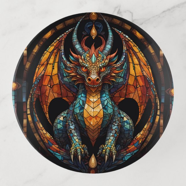 Cute Dragon Stained Glass Mosaic Design Trinket Tray (Front)