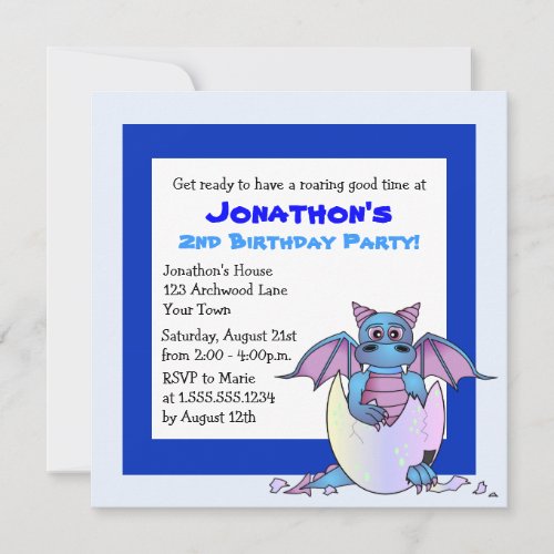 Cute Dragon Themed Child Birthday _ Blue Invitation