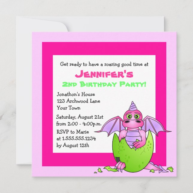 Cute Dragon Themed Child Birthday - Pink and Green Invitation (Front)