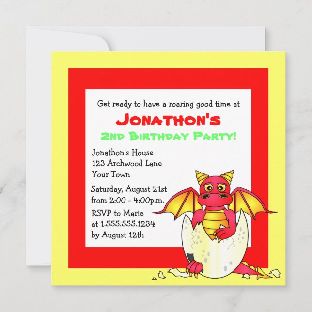 Cute Dragon Themed Child Birthday - Red and Yellow Invitation (Front)