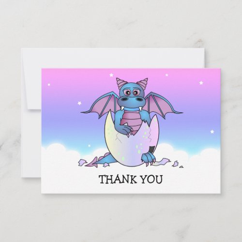 Cute Dragon Themed Thank You Flat Note Card _ Blue