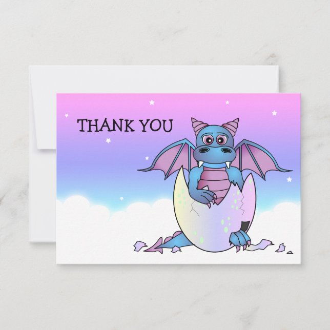 Cute Dragon Themed Thank You Flat Note Card - Blue (Front)