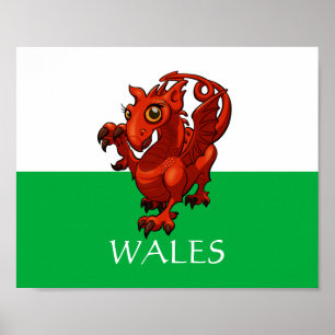 Cute Dragon Wales Flag Welsh Red Dragon Cartoon Poster