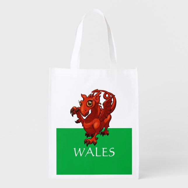 Cute Dragon Wales Welsh Flag Red Dragon Cartoon Grocery Bag (Front)