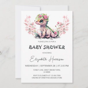 Cute Dragon Watercolor Girl Baby Shower Invitation