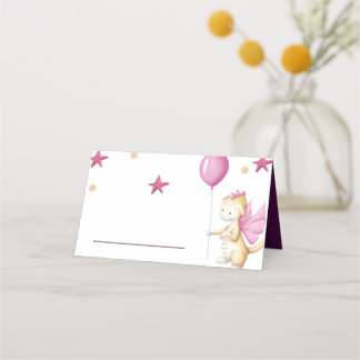 Cute Dragon with Balloon Girl Baby Shower Place Card