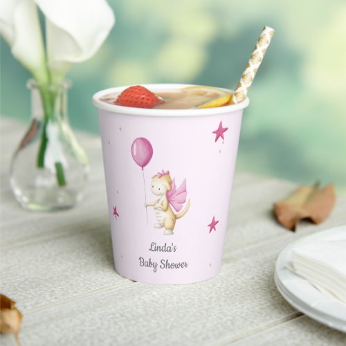 Cute Dragon with Balloon Girl Pink Baby Shower Paper Cups