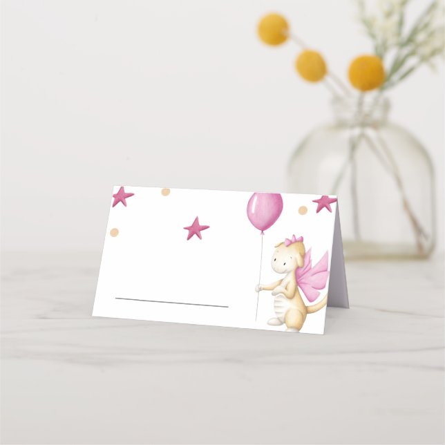 Cute Dragon with Balloon Pink Girl Baby Shower Place Card (Front)
