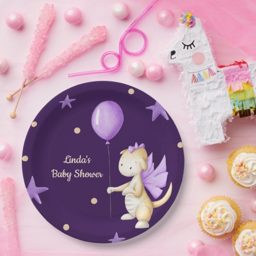 Cute Dragon with Balloon Purple Girl Baby Shower Paper Plates