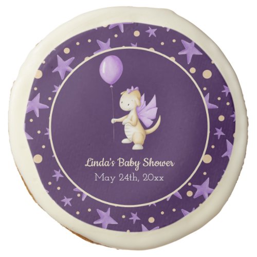 Cute Dragon with Balloon Purple Girl Baby Shower Sugar Cookie