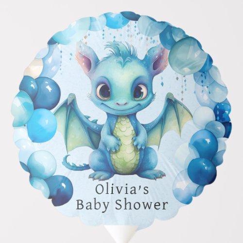 Cute Dragon with Blue Balloons Boy Baby Shower