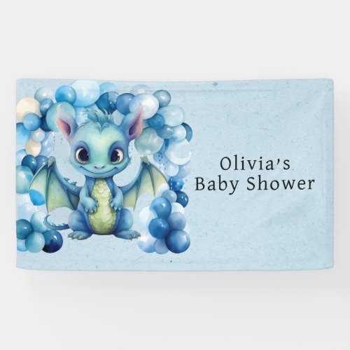 Cute Dragon with Blue Balloons Boy Baby Shower Banner