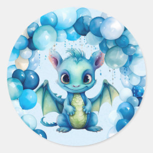 Cute Dragon with Blue Balloons Boy Baby Shower Classic Round Sticker