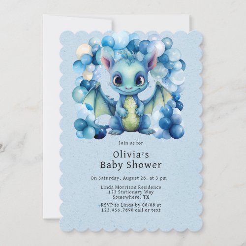 Cute Dragon with Blue Balloons Boy Baby Shower Invitation