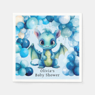 Cute Dragon with Blue Balloons Boy Baby Shower Napkins