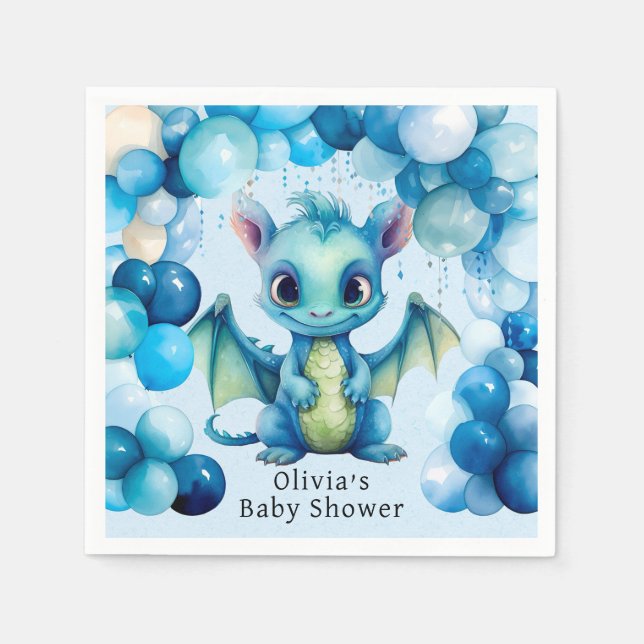 Cute Dragon with Blue Balloons Boy Baby Shower Napkins (Front)