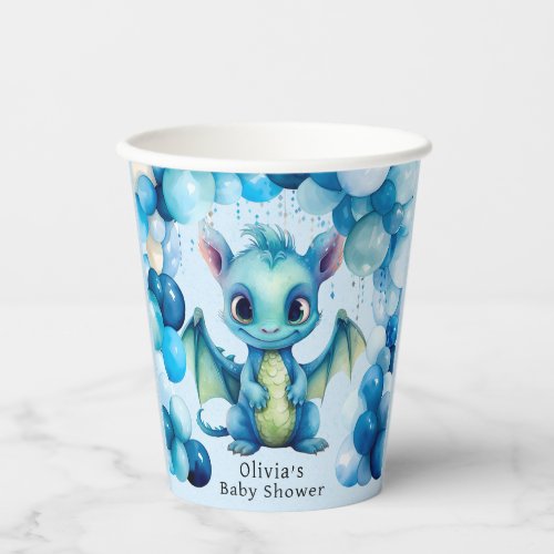 Cute Dragon with Blue Balloons Boy Baby Shower Paper Cups