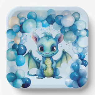 Cute Dragon with Blue Balloons Boy Baby Shower Paper Plates
