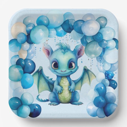 Cute Dragon with Blue Balloons Boy Baby Shower Paper Plates