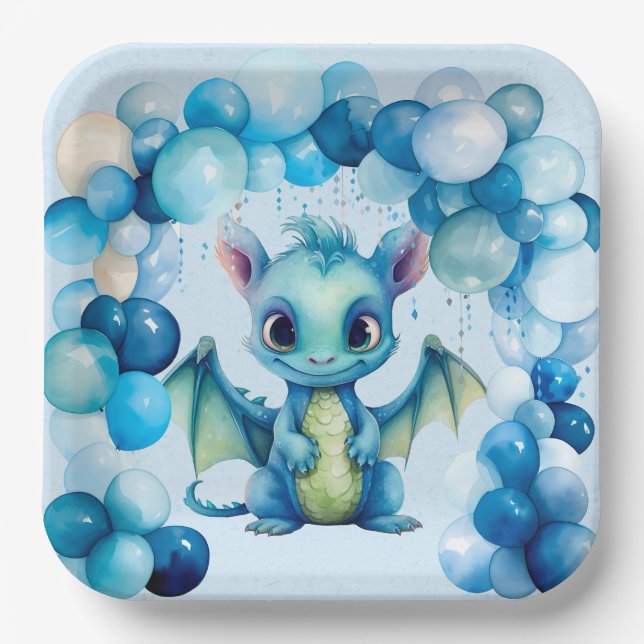 Cute Dragon with Blue Balloons Boy Baby Shower Paper Plates (Front)