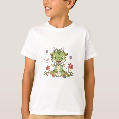 Cute Dragon With Flower And Butterfly T_Shirt