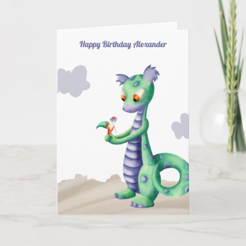 Cute Dragon with Gnome Personalized Birthday Card