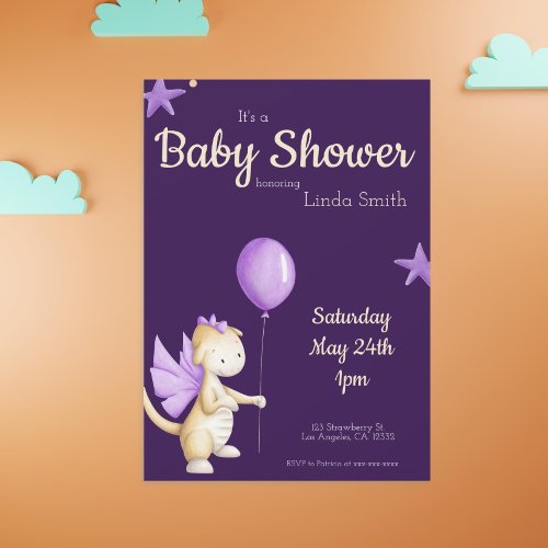 Cute Dragon with Purple Balloon Girl Baby Shower Invitation