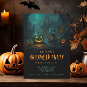 Cute Dragon with Scary Pumpkins Halloween Party Invitation