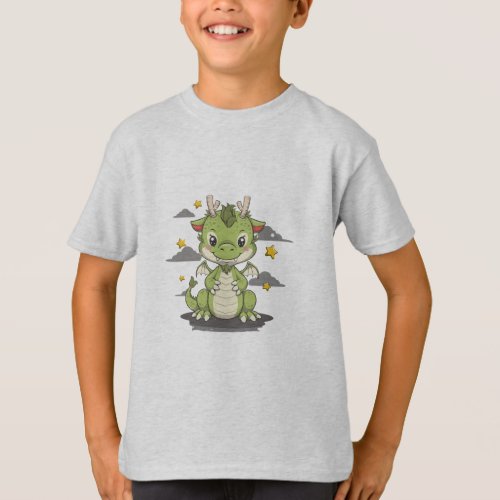 Cute Dragon With Stars On Dark Background T_Shirt