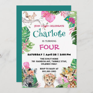 Cute dragon Zoo jungle Animals Birthday Floral  Invitation