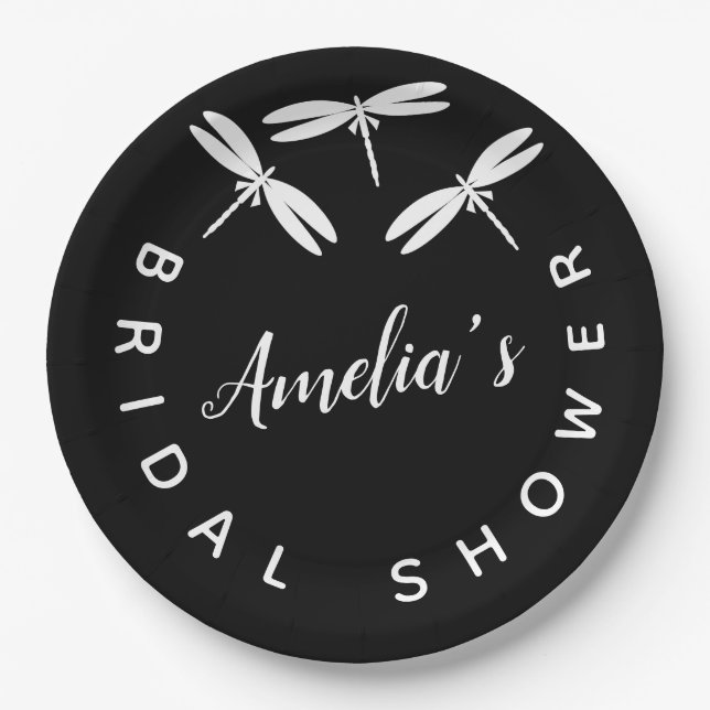 Cute Dragonflies  Black  Bridal Shower  Paper Plates (Front)