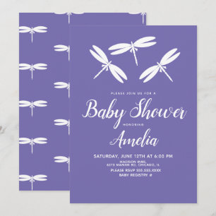 Cute Dragonflies Purple White Baby Shower Invitation