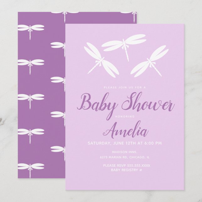 Cute Dragonflies  Violet Baby Shower   Invitation (Front/Back)