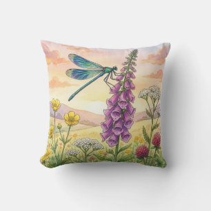 Cute Dragonfly and Flowers Tiny Insects  Throw Pillow