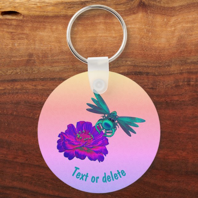 Cute Dragonfly on Flower Personalized Keychain (Front)