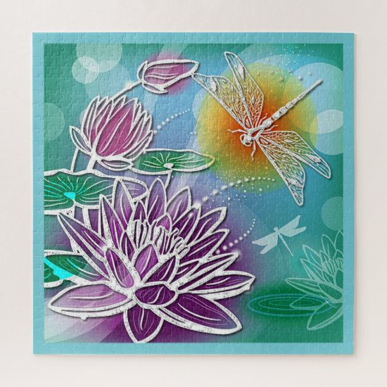 Cute Dragonfly Pretty Summer Modern Floral Art Jigsaw Puzzle