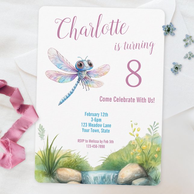 Cute Dragonfly Watercolor Girl's Birthday Invitation (Creator Uploaded)
