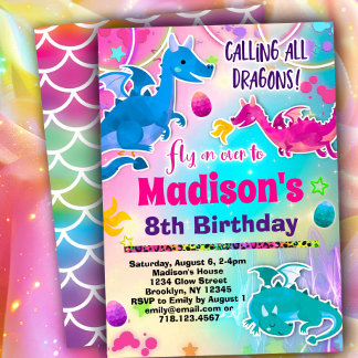 Cute Dragons Birthday Party Invitation for Girls