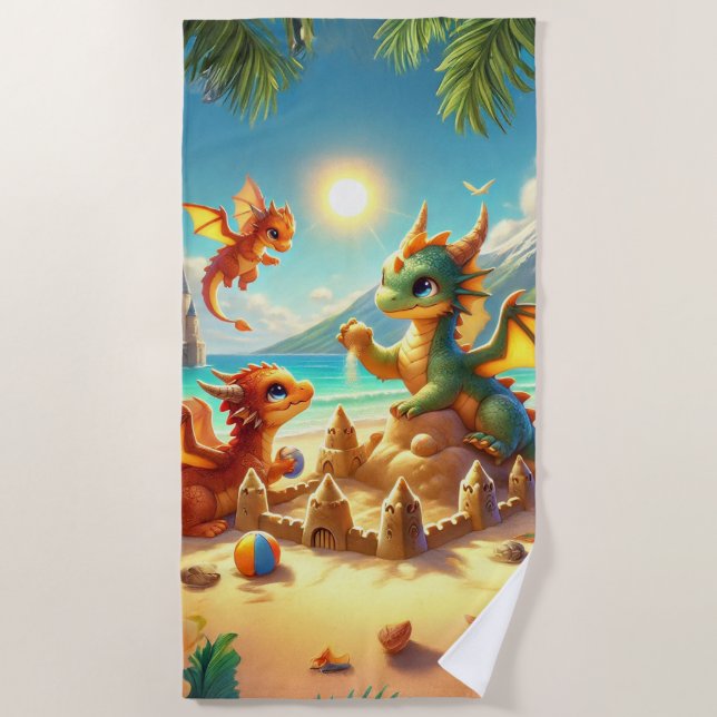 Cute Dragons Building Sand Castles On The Beach Beach Towel (Front)